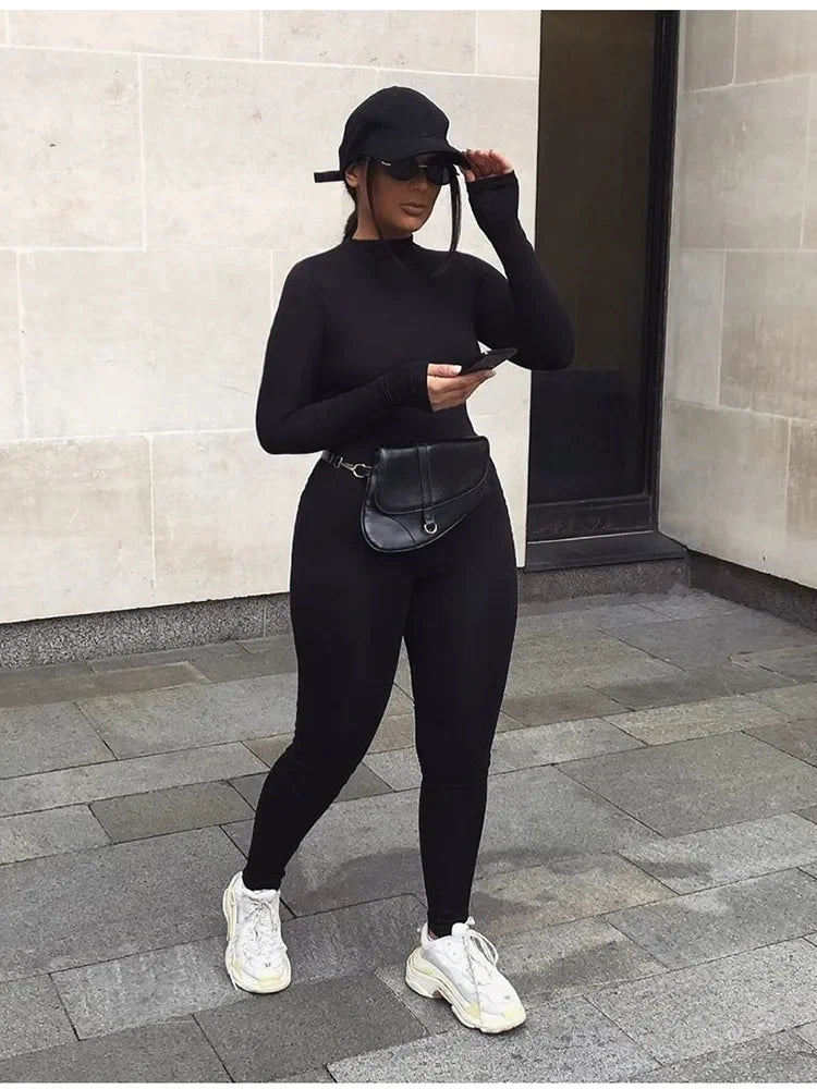solid black/gray long sleeve skiing jumpsuit women elastic hight outfit fashion fitness sportwear slim rompers streetwear Badiee Stylez