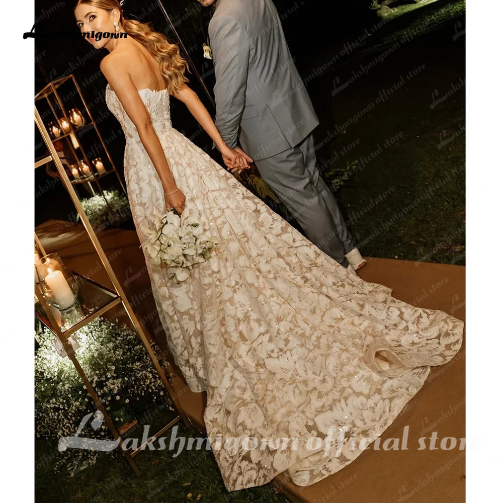 Lakshmigown Full Lace Strapless Wedding Dress Featuring Stunning Lace Appliques and Floral A-Line Bridal Dress Customized Badiee Stylez