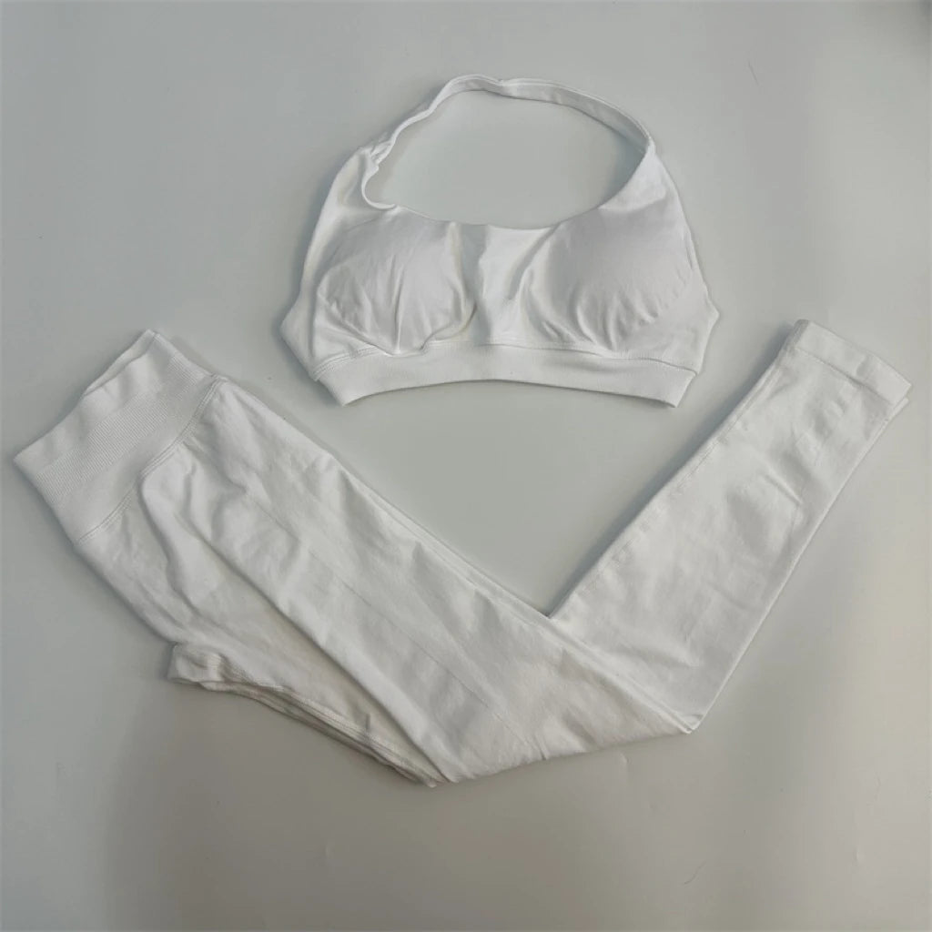 No Logo Yoga Legging Sets for Women Seamless Yoga Set Scrunch Butt Legging Set Workout Gym Suit with Halter Crop Top Badiee Stylez