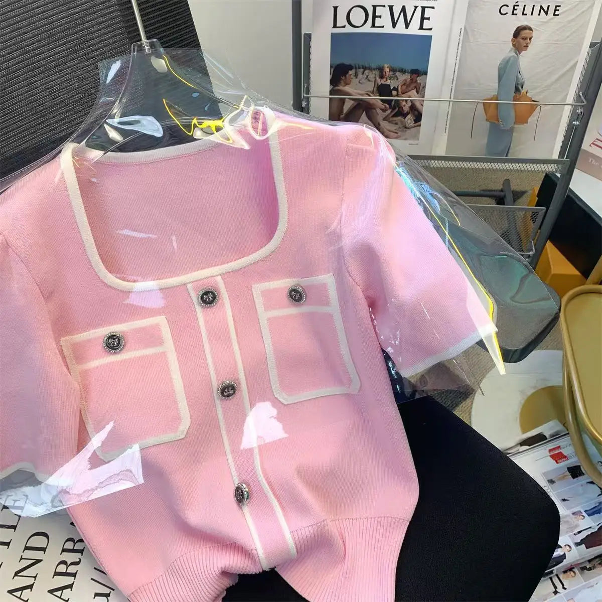 Femme Temperament All-match Patchwork Buttons Square Collar Knitting Top Tee Spring Summer Fashion Loose Short Sleeve T-Shirts