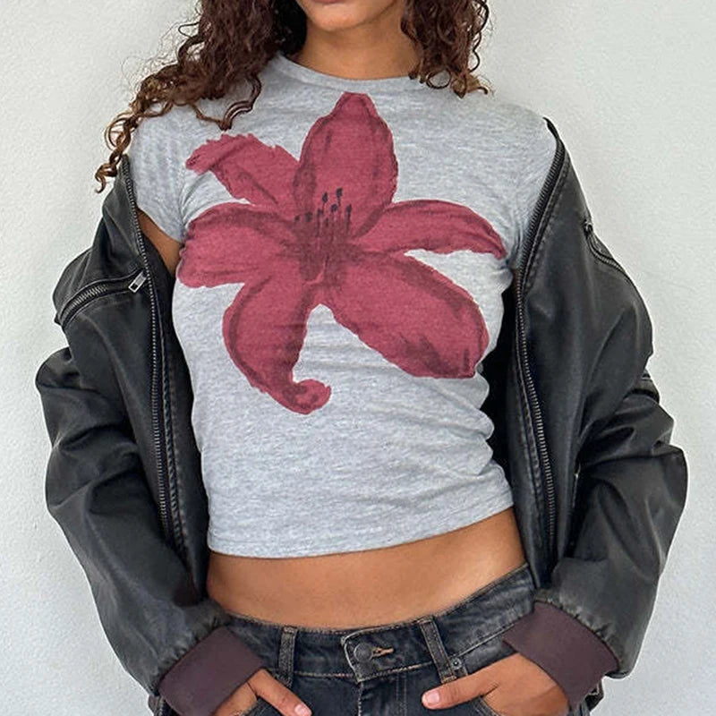 Floral Print Short Sleeve T-Shirt 2025 Women's Sexy Slim Fit BM Top Hot Girl Trendy Streetwear Casual Fashion Red
