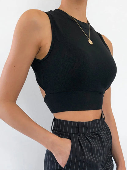 Sexy backless women tank top bandage slim crop top summer 2024 casual streetwear tops solid cotton soft criss cross top black
