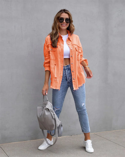 2025 Spring Autumn Shirt Style Denim Jacket Women Holes Raw-edges Jeancoat Casual Tops Female Oversize Loose Outerwear 7 Colors