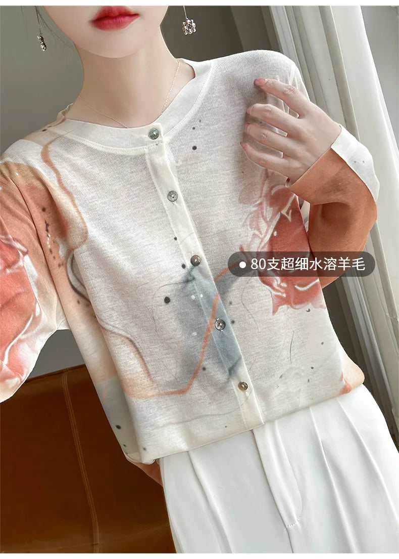 Spring And Summer New Lyocell Water-Soluble Wool Blended Round Neck Knit Cardigan Long Sleeve Feminine Sweater Printed Top