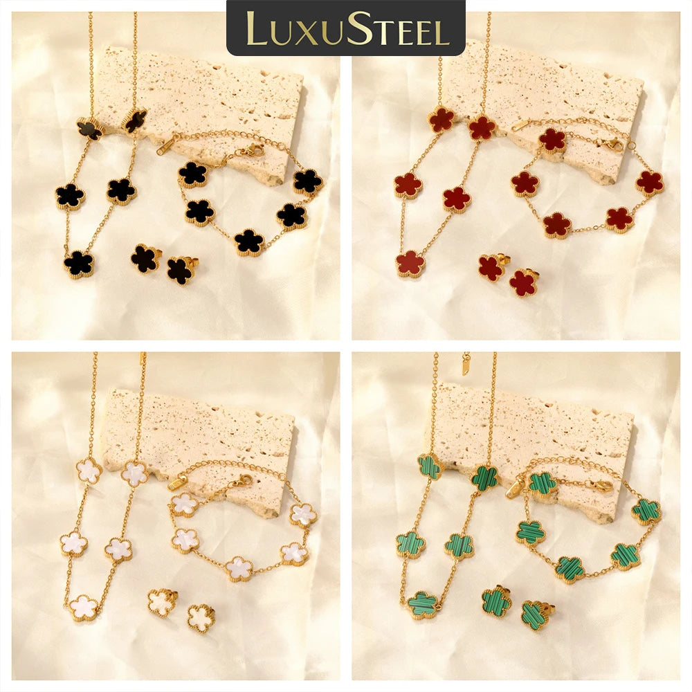 LUXUSTEEL Pendant Earnail Chain Bracelet Set Flower Shaped Stainless Steel Pendants Necklace Earring Sets Necklace Jewelry Gift Badiee Stylez