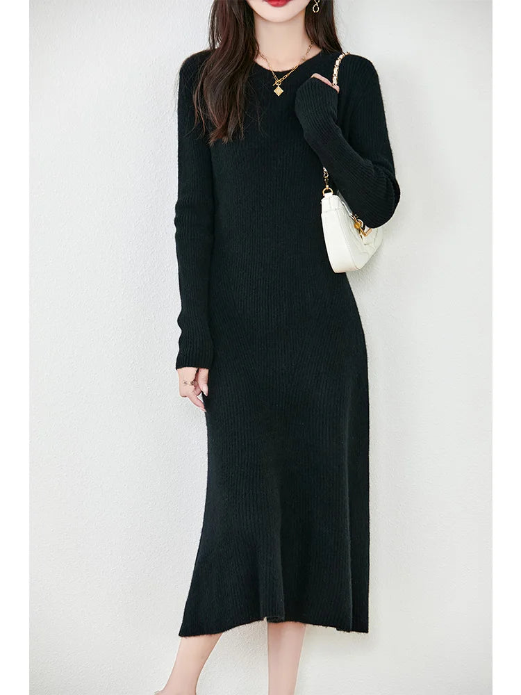 Women's Pure Wool Knitted Long Dress, Round Neck, Fishtail Skirt, Slim, Elegant, Casual, Fashionable, Sweater, 2024Autumn/Winter Badiee Stylez