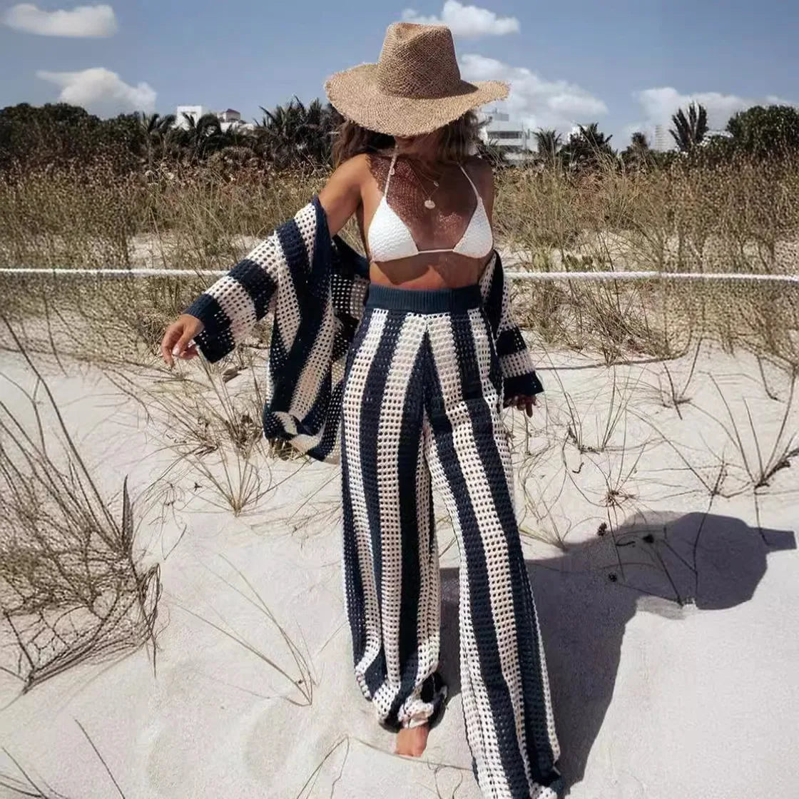 Women With Summer V-neck Button Top & Wide Leg Pants Suits Spring Crochet Hollow Knitted Set Woman 2 Pieces Striped Print