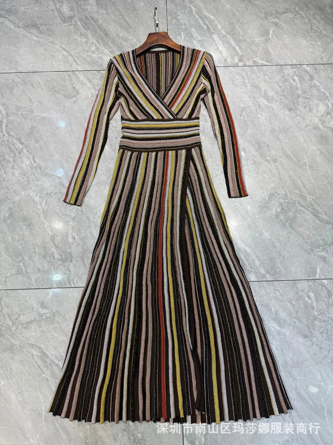 QMQA Fashion Women's Gradient Stripes Design Dresses V Neck High Waist Long Sleeve Elegant Party Dress Female Spring New 1A116 Badiee Stylez