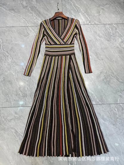 QMQA Fashion Women's Gradient Stripes Design Dresses V Neck High Waist Long Sleeve Elegant Party Dress Female Spring New 1A116 Badiee Stylez