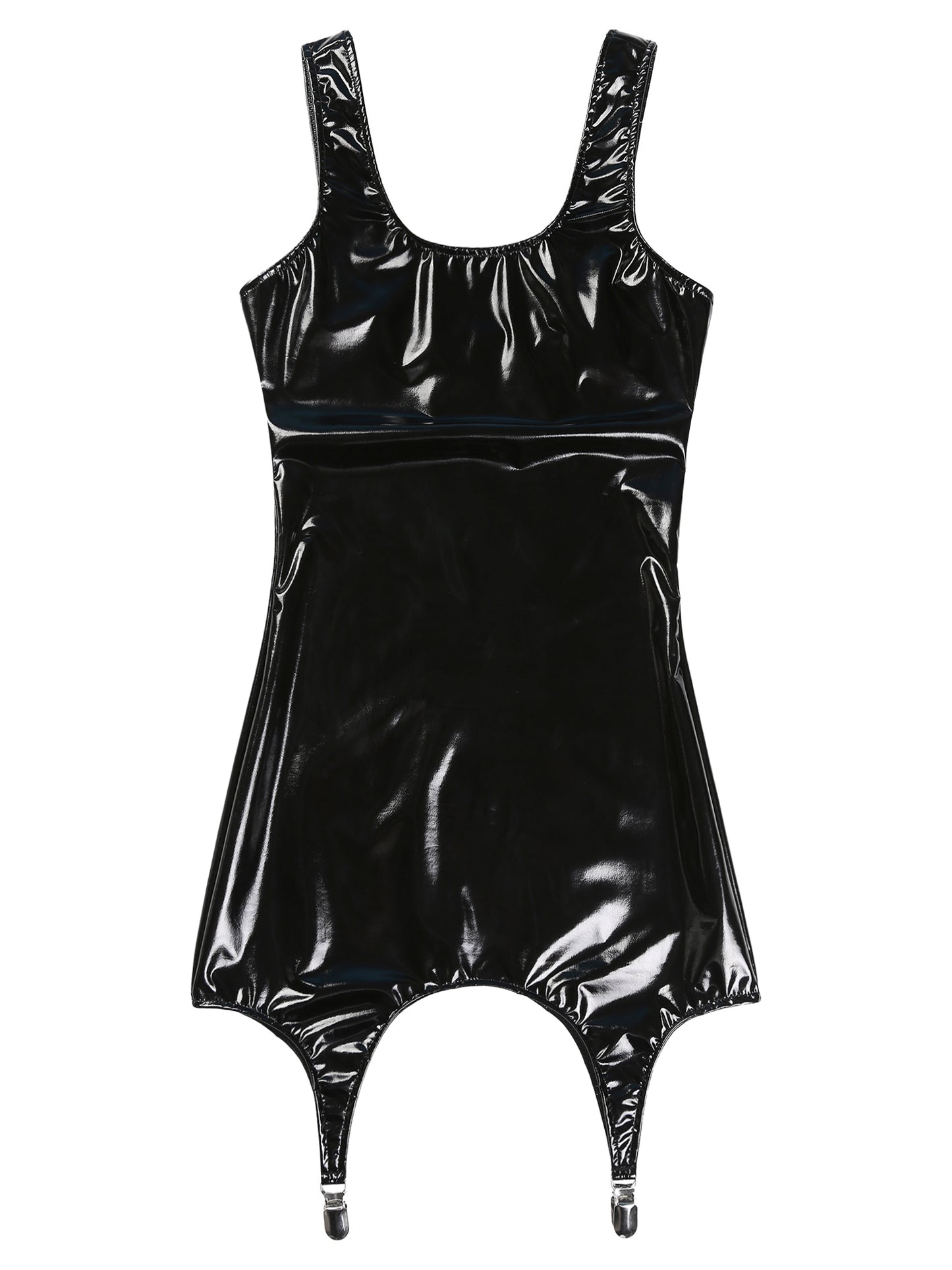 Sexy Women Wetlook Leather Tank Bodycon Dress Latex Sleeveless Mini Dresses Clubwear with Metal Clips Party Club Clothes Femme