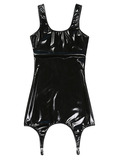 Sexy Women Wetlook Leather Tank Bodycon Dress Latex Sleeveless Mini Dresses Clubwear with Metal Clips Party Club Clothes Femme