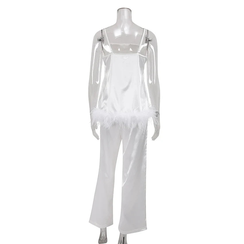 Satin Pajamas With Feathers Sleepwear Women Sets With Pants Black Spaghetti Strap Home Suit White Trouser Suits 2022
