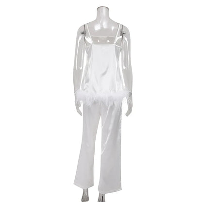 Satin Pajamas With Feathers Sleepwear Women Sets With Pants Black Spaghetti Strap Home Suit White Trouser Suits 2022