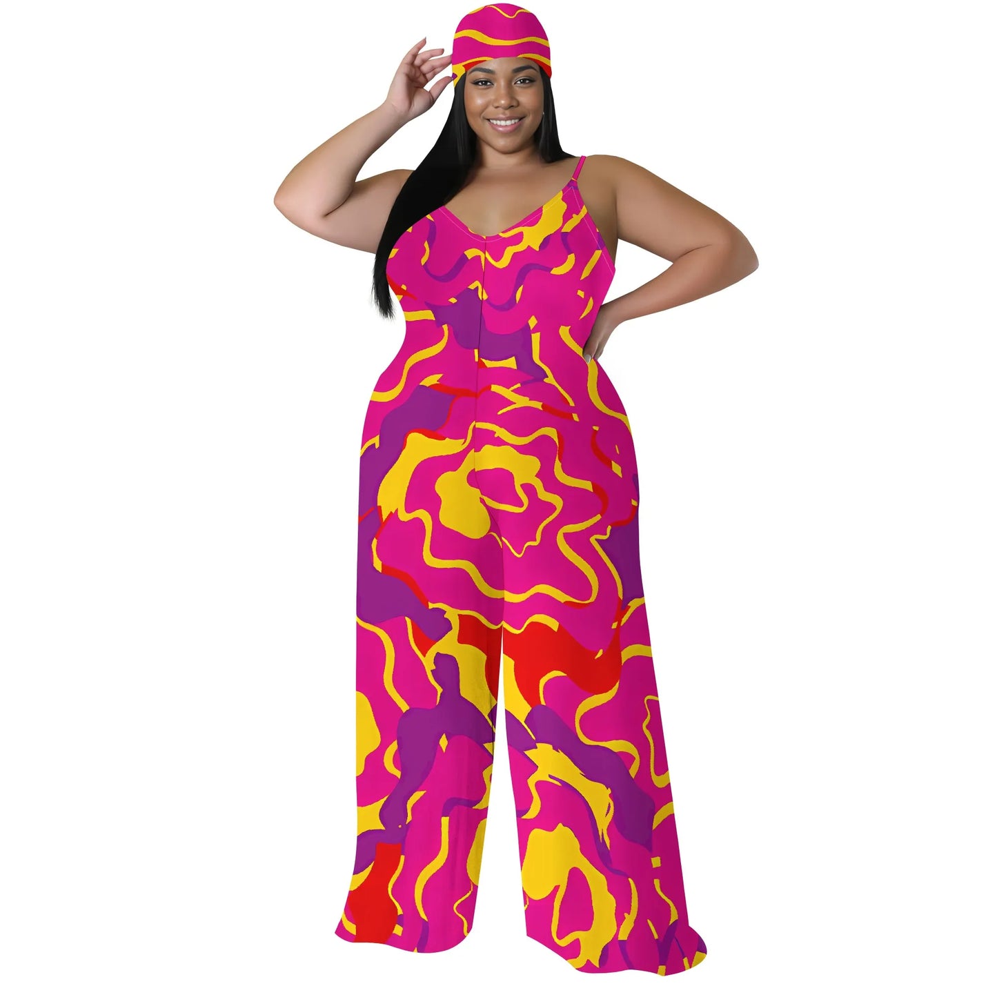 Plus Size Spaghetti Strap Jumpsuit Pink Yellow Abstract Print Wide Leg Summer Romper for Women White-3 CHINA
