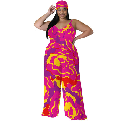Plus Size Spaghetti Strap Jumpsuit Pink Yellow Abstract Print Wide Leg Summer Romper for Women White-3 CHINA