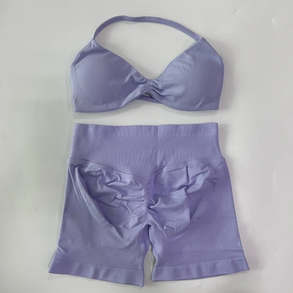 NO LOGO 2PCS Gym Set Women Strappy Yoga Bra Top High Waist Workout Scrunch Shorts Sports Suit Seamless Yoga Set Fitness Clothes Badiee Stylez