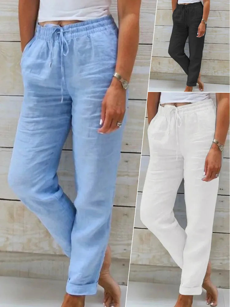 Plus Size XL-5XL Summer Cotton Linen Pants Women 2025 Elastic High Waist Casual Trousers Streetwear Solid Loose Pencil Pants