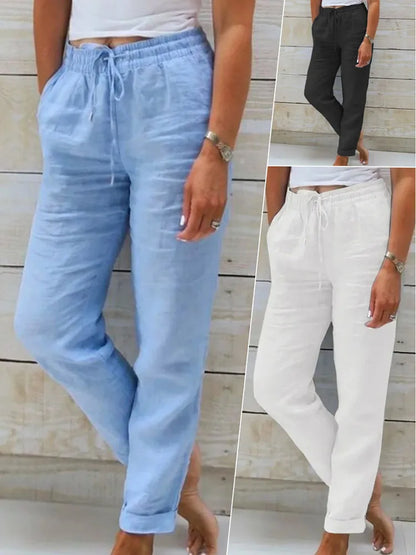 Plus Size XL-5XL Summer Cotton Linen Pants Women 2025 Elastic High Waist Casual Trousers Streetwear Solid Loose Pencil Pants
