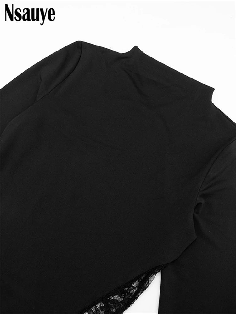 Nsauye Sexy Hollow Out Backless Lace Patchwork Slim Maxi Dresses For Women 2025 Autumn Winter Long Sleeve Long Dress Club Party