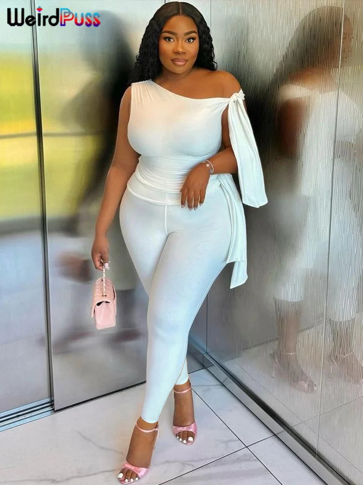 Weird Puss Chic Elegant 2 Piece Set Women Tracksuit Skew Collar Ribbon Tank Tsop+Leggings Casual Skinny Stretch Matching Outfits WHITE