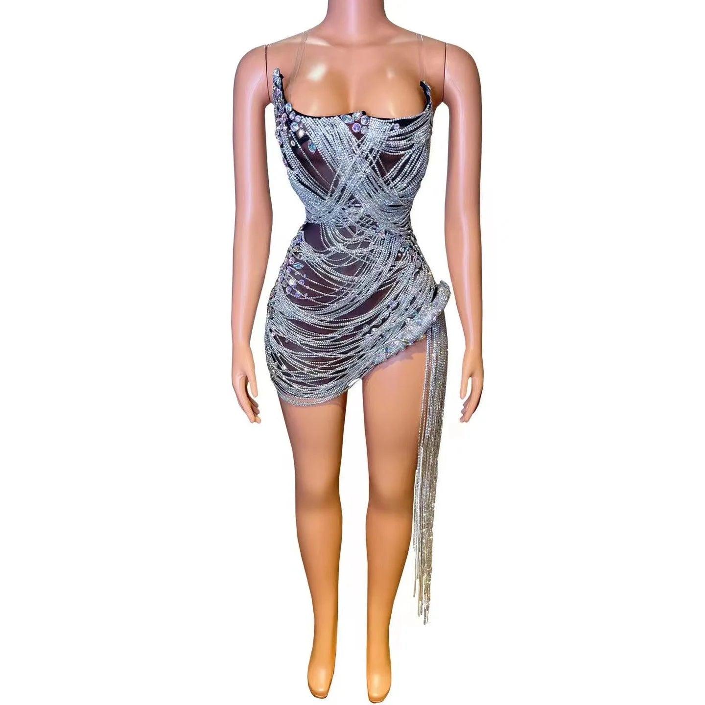 STOCK Sparkly Rhinestone Fringe Dress Women Sexy Birthday Wedding Party Prom Drag Queen Costume Outfit Stage Wear Festival black