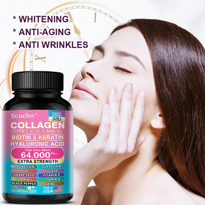 Collagen Peptides Types I, II, III, V & X, Biotin Keratin Hyaluronic Acid MSM Vitamins - Skin, Nails & Joint Health, Anti-Aging