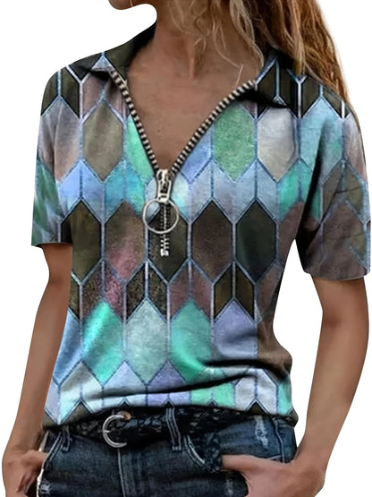 Versatile All-Season Women's Polo Shirt- Easy-Care,Stretch Comfort with Stylish Zip and Geometric Design for Everyday Casual Wea Blue