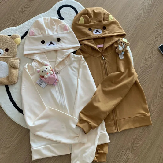 Cute Cartoon Hoodie Rilakkumaed Zip-up Hoodie Teddy Bear Ears Long Sleeve Jacket Fashion Women's Casual Cardigan Cotton Clothing