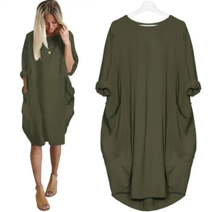 Women Casual Loose Dress with Pocket Fashion Ladies Solid Dress Women's O Neck Long Tops T Shirt Dress Streetwear Plus Size