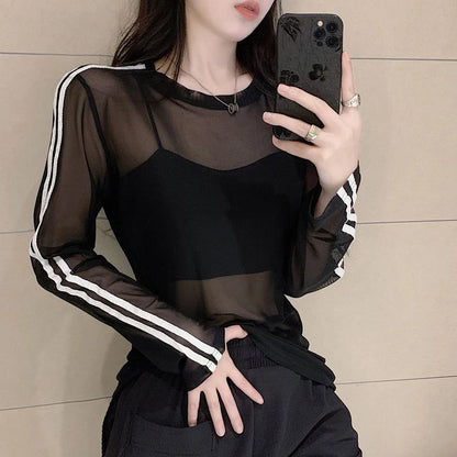 Y2K Sheer Sun-Proof Shirts Women Striped Long Sleeve T Shirts Streetwear See Through Mesh Blouses Korean Sun Protection Tops New