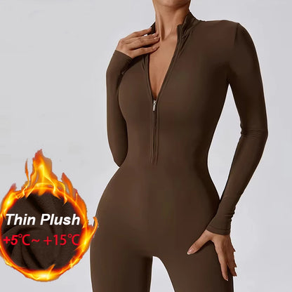 Warm Thin Fleece Jumpsuits Women's Tracksuit Winter One-Piece Sports Suit Black Fitness Jumpsuit Long Sleeves Workout Bodysuit Badiee Stylez