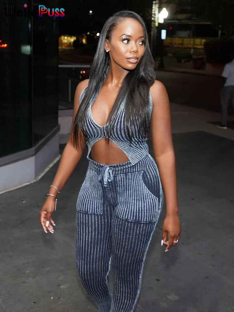 Weird Puss Patchwork Striped Women Casual 2 Piece Set Crochet Halter Low-Neck Vest+Pocket Pants Stretch Skinny Matching Suit Badiee Stylez