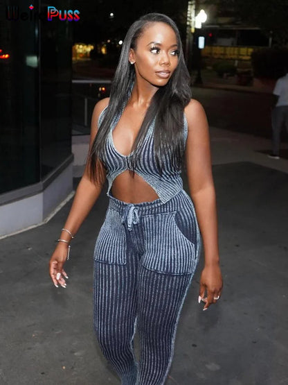 Weird Puss Patchwork Striped Women Casual 2 Piece Set Crochet Halter Low-Neck Vest+Pocket Pants Stretch Skinny Matching Suit Badiee Stylez