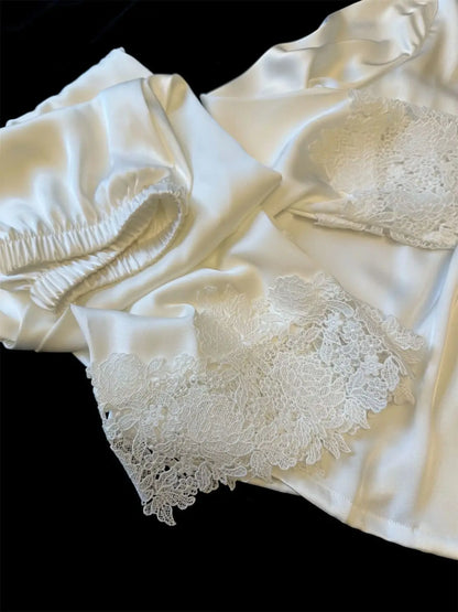 Female Pajamas Set White Satin Lace Trim Bride Wedding Sleepwear Gift Homewear Sexy Loose Long Sleeve Trouser Suit Loungewear