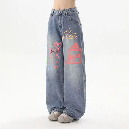 Y2K fashion retro cartoon embroidered women wide-leg jeans casual Harajuku loose pants street personality high-waisted jeans 1 4