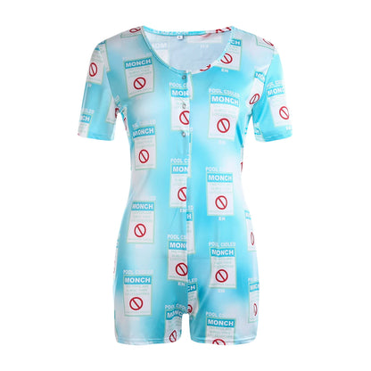 Sexy Playsuits Women Sleepwear Buttons V-neck Bodycon Short Romper Jumpsuit Leotard Printed Short Sleeve Summer Bodysuits Female L