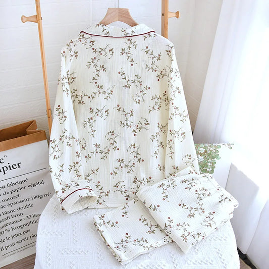 2025 Japanese Spring and Autumn New Women's Pajama Set 100% Cotton Crepe Long sleeved Pants Cardigan Cute Plus Size Home Fury