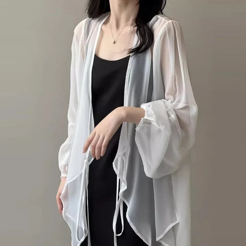 Summer Sun Protection Shirt Korean Women Chiffon Cardigan Blouse Solid Color Ladies Shawl Female Oversize Casual Loose Coats