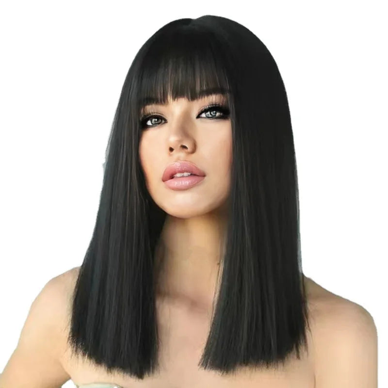 Fashion black synthetic wig female Qi bangs long hair festival daily wig chemical fiber mechanism full head wig