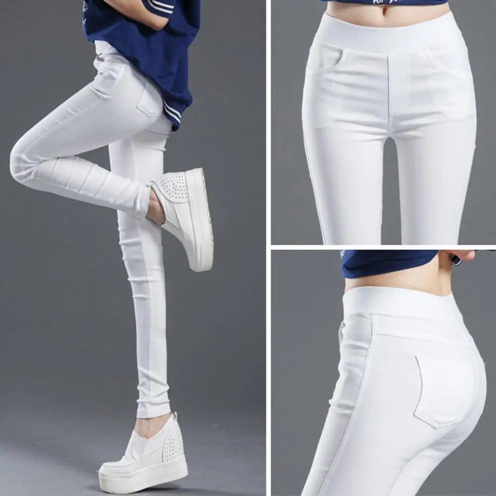 Office Lady Elastic High Waist Solid Color Trousers Summer Thin Female Clothing Casual Pockets Slim Nine Points Straight Pants