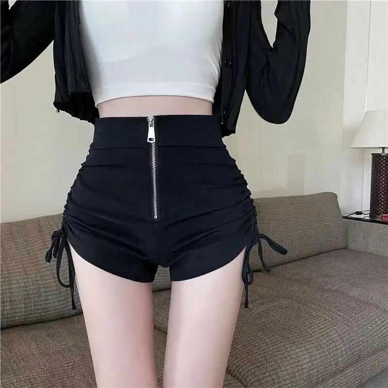 High Waist Shirring Black Bodycon Shorts Female Summer All-match Pleated Elasticity Elastic Waist Straight Women Slim Trousers