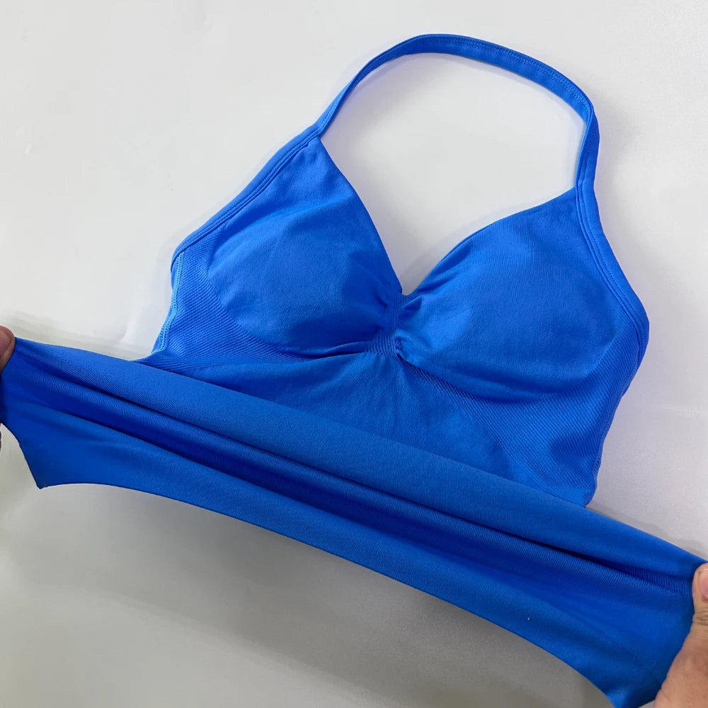 No Logo 2Pcs Gym Set Women Backless Tank Tops High Waist Scrunch Seamless Shorts Gym Suit Fitness Clothes Activewear Workout Set Badiee Stylez