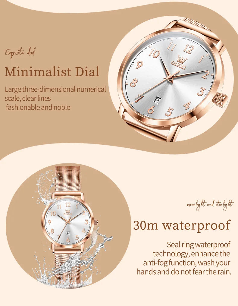 OLEVS New 5653 Woman Watch Elegant Rose Gold Mesh Steel Strap Ladies Watches Digital Dial Simple Fashion Quartz Watch for Women