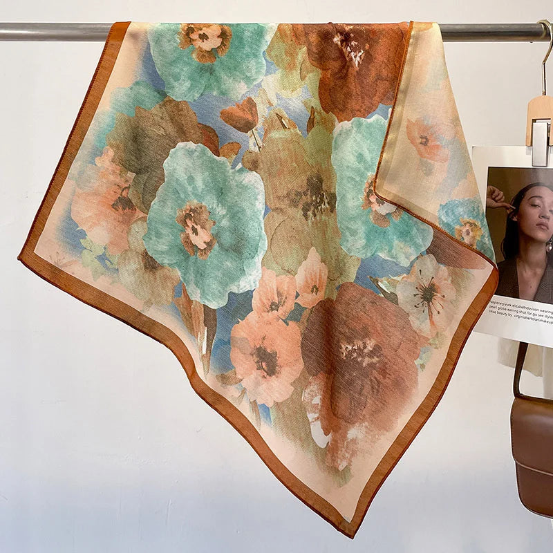 Fashion 70cm Cotton Square Scarf Women Floral Print Design Bandanas Lady Scarves Headband Accessories Handkerchief Hair QME197-01 65x65cm