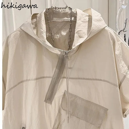 Summer Hoodies Women's Clothing Short Sleeve Hooded Half Zipper Y2k Tops Streetwear Casual Fashion Korean Sweatshirt Ropa Mujer