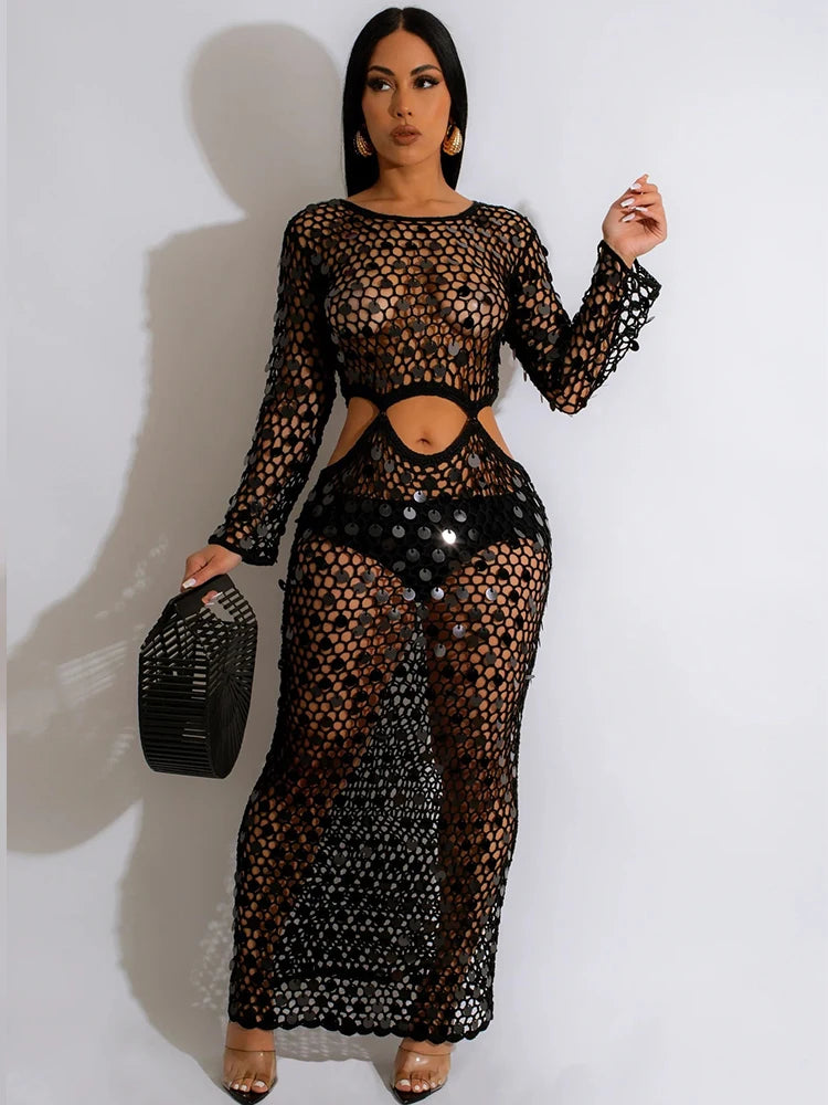 Joskaa Fishnet Knitting Hollow Sequins Maxi Dress Sexy See Through Holiday Long Sleeve Slim Summer 2023 Vacation Beach Dresses black