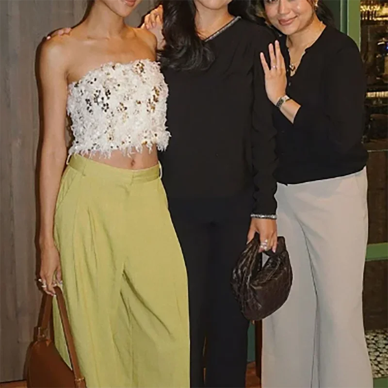 Fashion Sequins Patchwork Fur Crop Tops Sexy Strapless Chest Wrapping Vest Winter New Women's Off Shoulder Slim Club Party Tops