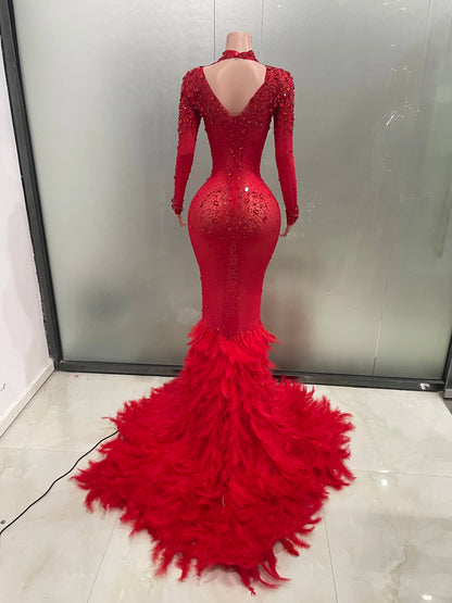 Luxury Sparkling Red Crystals Feathers Mermaid Long Sleeve Maxi Dress Women Formal Occasions Wedding Celebrate Party Prom Gown Badiee Stylez