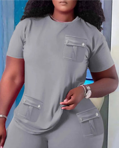 Women Two Piece Shorts Sets Solid Round Neck T Shirts Pockets Elastic Waist Short Trousers Suits Leisure Ladies 2025 Summer