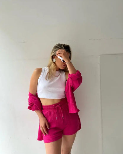 Short Sets Women Tracksuit Single Breasted Cardigan Blouses Two Pieces Shorts Loose Button High Street Solid Pockets Folds